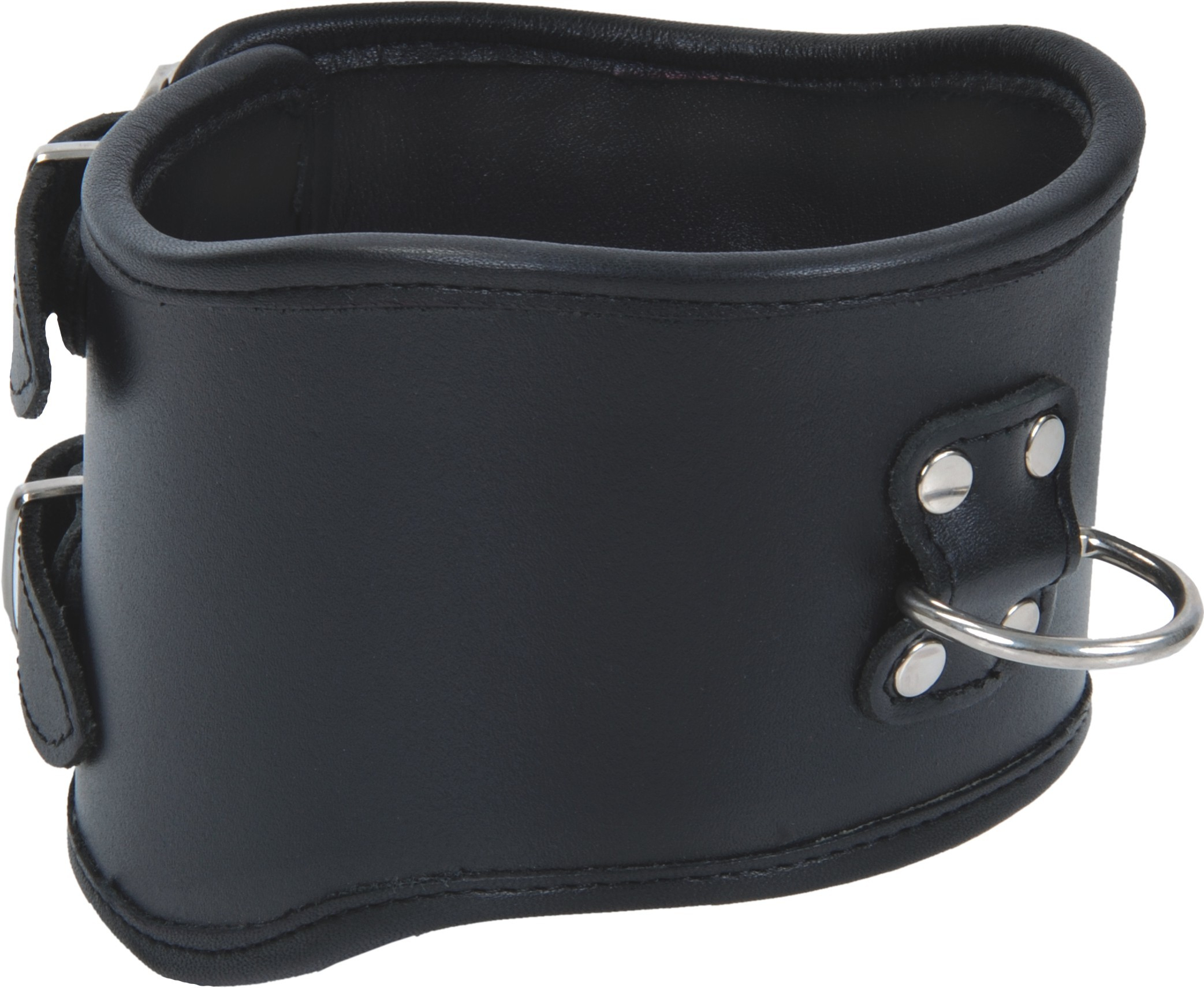 Leder-Halskrause Schwarz – robustes Halsband mit D-Ring für Fixierungen Schwarze gepolsterte Lederhalskrause mit stabilem D-Ring und Schnallenverschluss – BDSM Halsband