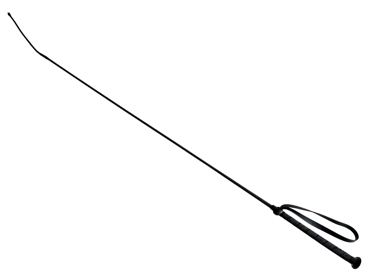 Gerte mit Bändsel – Flexibel & Leichtführig Schwarze Reitgerte mit feinem Bändsel, ca. 91 cm lang, flexiblem Schaft und griffigem, strukturiertem Griff mit Handschlaufe für präzise Impulse.