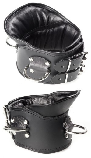 Leder-Halskrause – gepolstertes Haltungskorsett mit stabiler Fixierung Schwarze gepolsterte Leder-Halskrause mit drei D-Ringen und doppeltem Schnallenverschluss