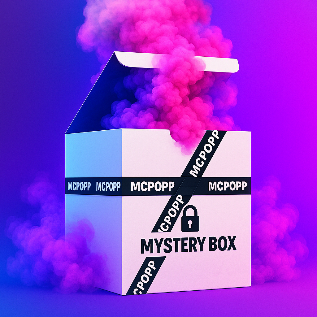 Weiße MCPOPP Mystery Box mit schwarzem Band und pink-violettem Rauch MCPOPP Mystery Box 50 Euro – Erotik Überraschung