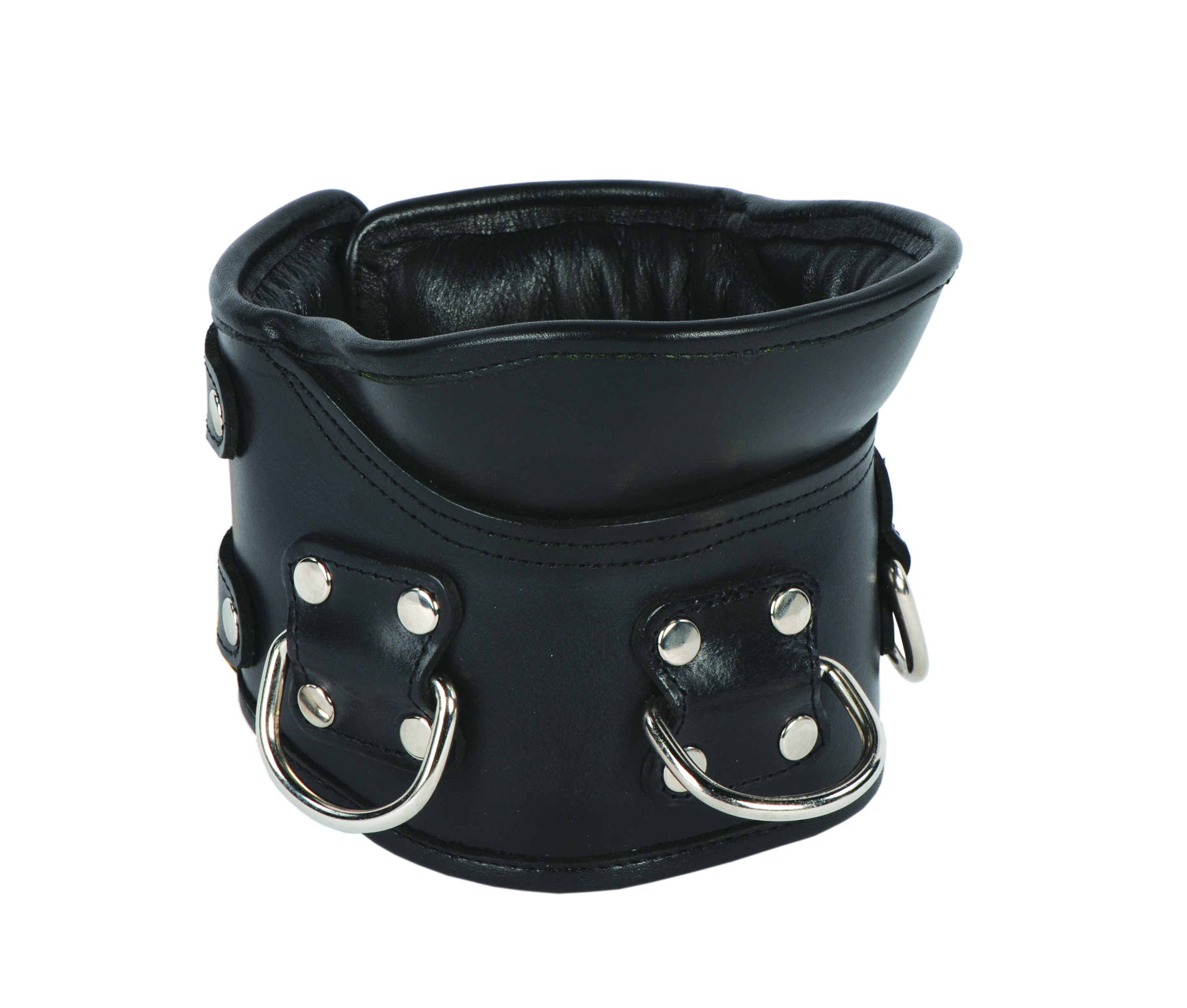 Leder-Halskrause / Haltungskorsett – stabil, gepolstert und komfortabel Gepolsterte BDSM-Halskrause aus schwarzem Leder – Haltungskorsett mit drei D-Ringen und doppeltem Riemenverschluss