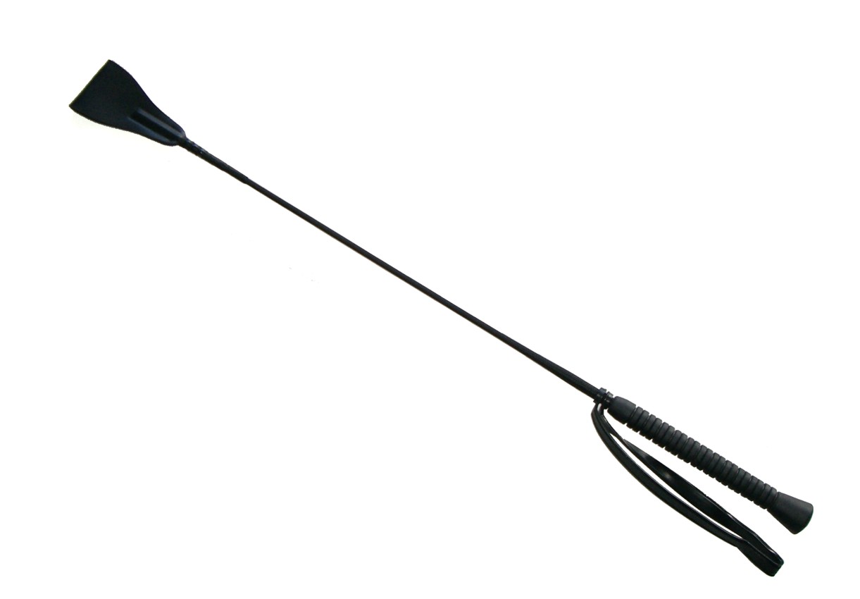 Gerte mit Lederklatsche & Fiberglaskern Schwarze Gerte mit ca. 65 cm Länge, ergonomischem Griff und Handschlaufe, Fiberglaskern und Echtleder-Klatsche für kontrollierte Schläge.