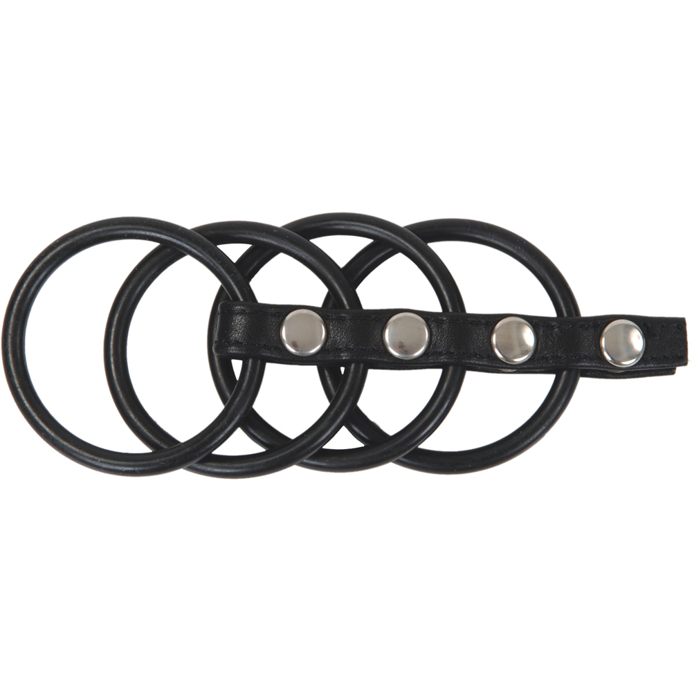 Cockring Manschette mit drei Penisringen & Hodenring – Intensiver Blutstau Schwarze Leder-Penismanschette mit Hoden- und Penisringen für extreme Erektionen