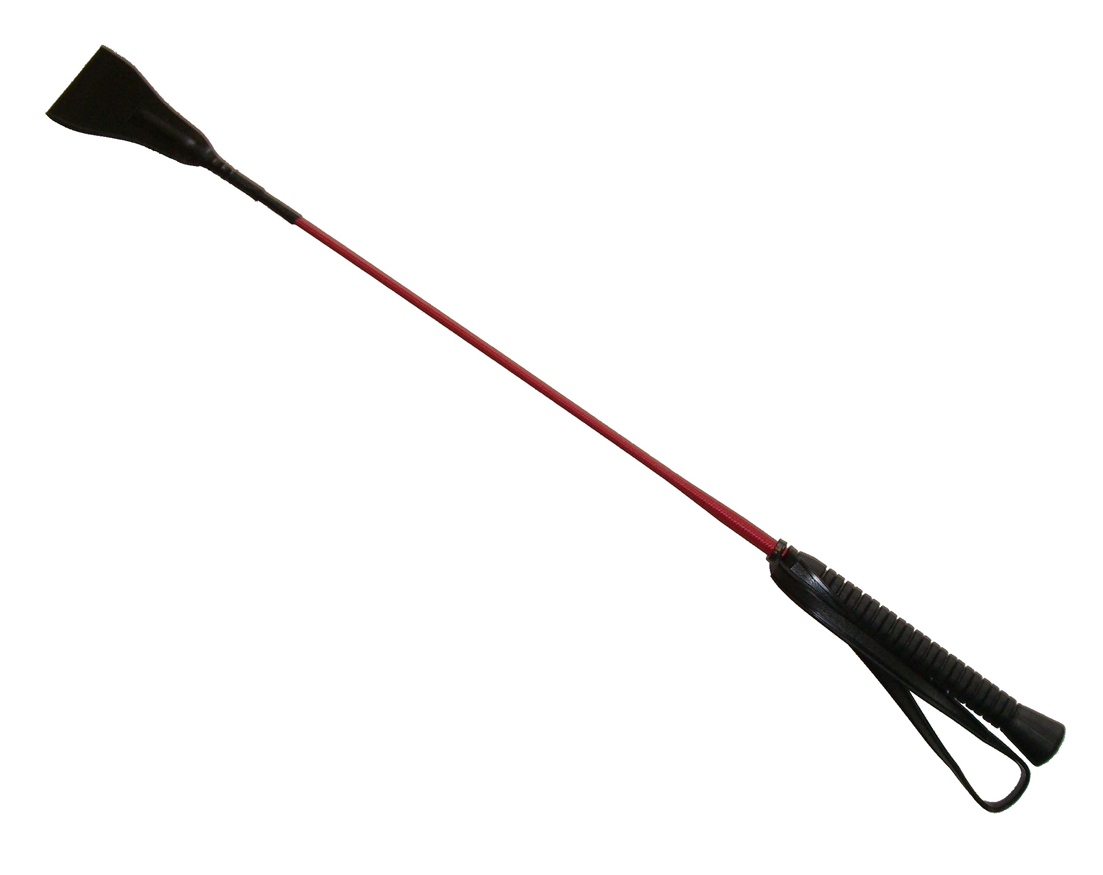Gerte mit rotem Stiel & Lederklatsche Schwarze Gerte mit Echtleder-Klatsche und auffälligem rotem Stiel, ca. 66 cm lang, robust verarbeitet für leichte bis mittelharte Schläge.